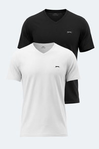 Slazenger - Slazenger RIVALDO 2 Lİ SET Erkek V Yaka Beyaz - Siyah Tişört