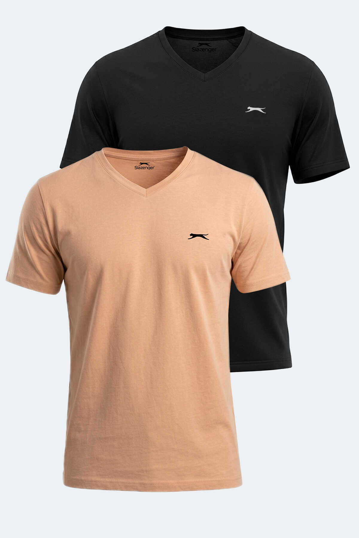 Slazenger - Slazenger RIVALDO 2 Lİ SET Erkek V Yaka Vizon - Siyah Tişört