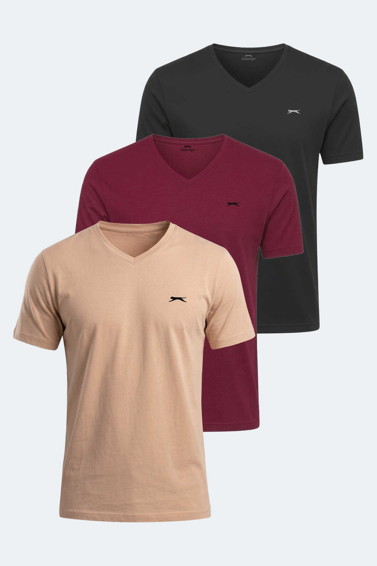 Slazenger - Slazenger RIVALDO 3 lü Set Erkek V Yaka Siyah - Vizon - Bordo Tişört