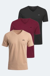 Slazenger - Slazenger RIVALDO 3 lü Set Erkek V Yaka Siyah - Vizon - Bordo Tişört