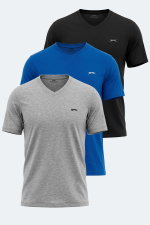 Slazenger - Slazenger RIVALDO 3 lü Set Erkek V Yaka Gri - Siyah - Saks Mavi Tişört