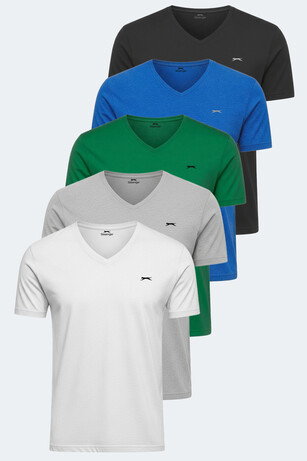 Slazenger RIVALDO 5 li Set Erkek V Yaka Beyaz - Siyah - Gri - Yeşil - Saks Mavi Tişört