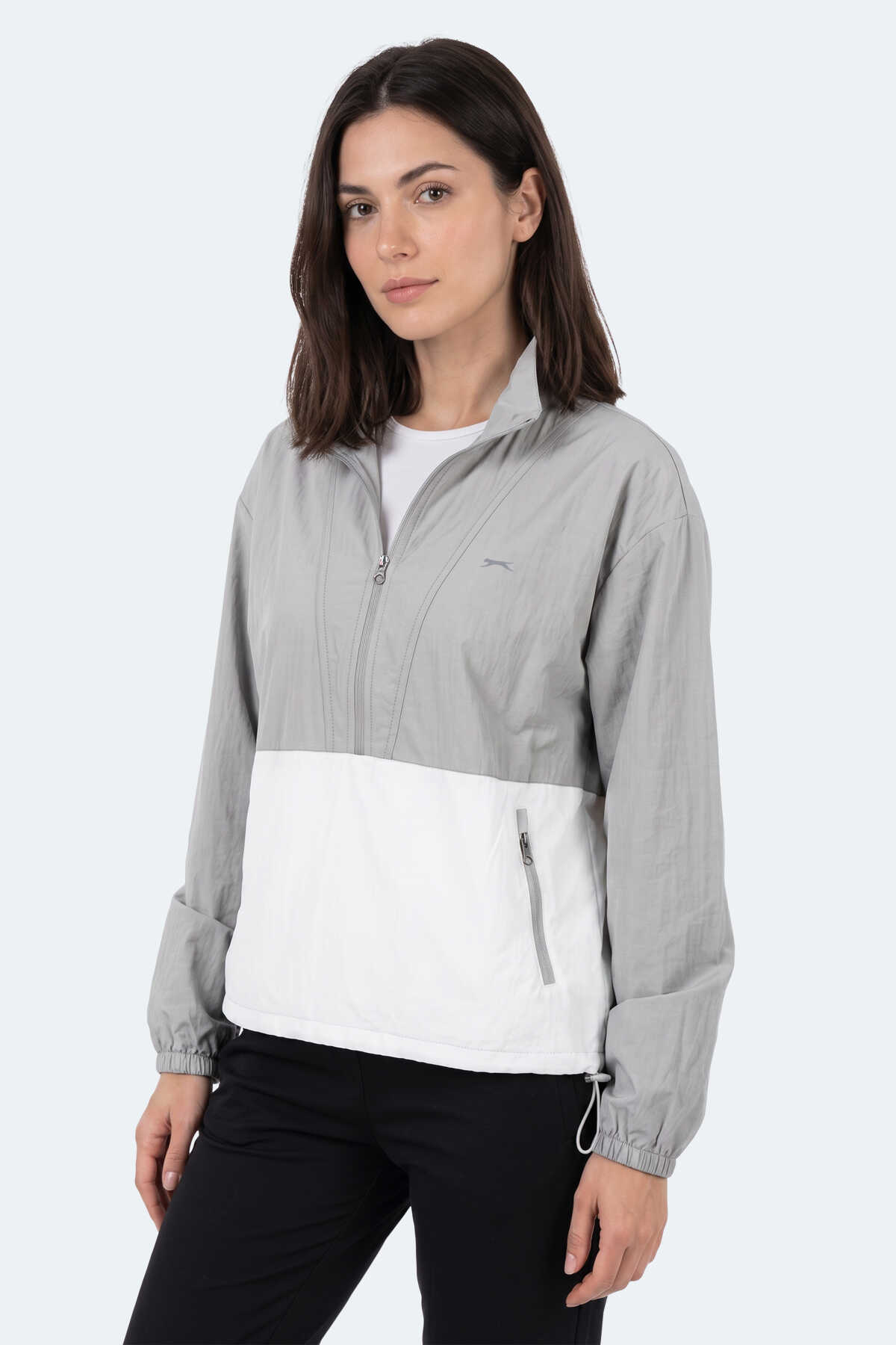 Slazenger - Slazenger RYDER I Kadın Dik Yaka Fermuarlı Oversıze Gri Rüzgarlık