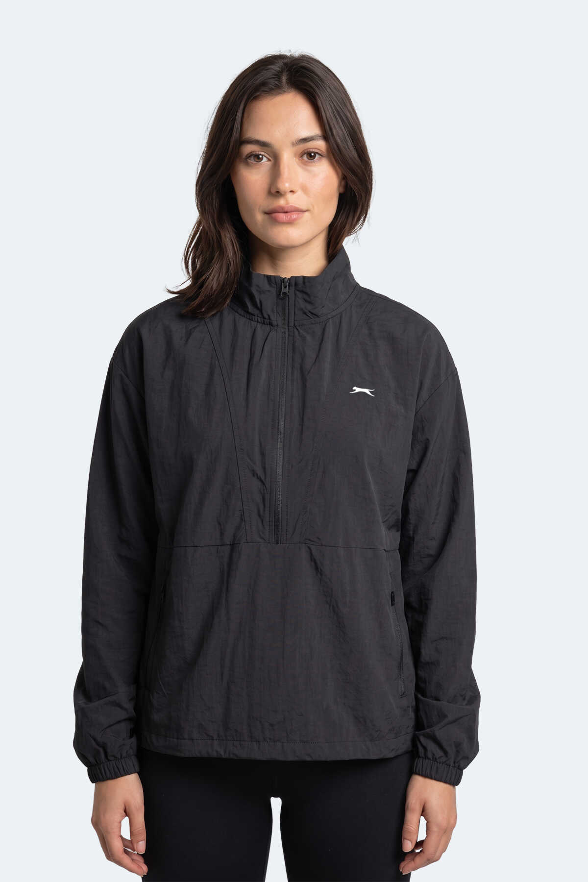 Slazenger - Slazenger RYDER I Kadın Dik Yaka Fermuarlı Oversıze Siyah / Siyah Rüzgarlık