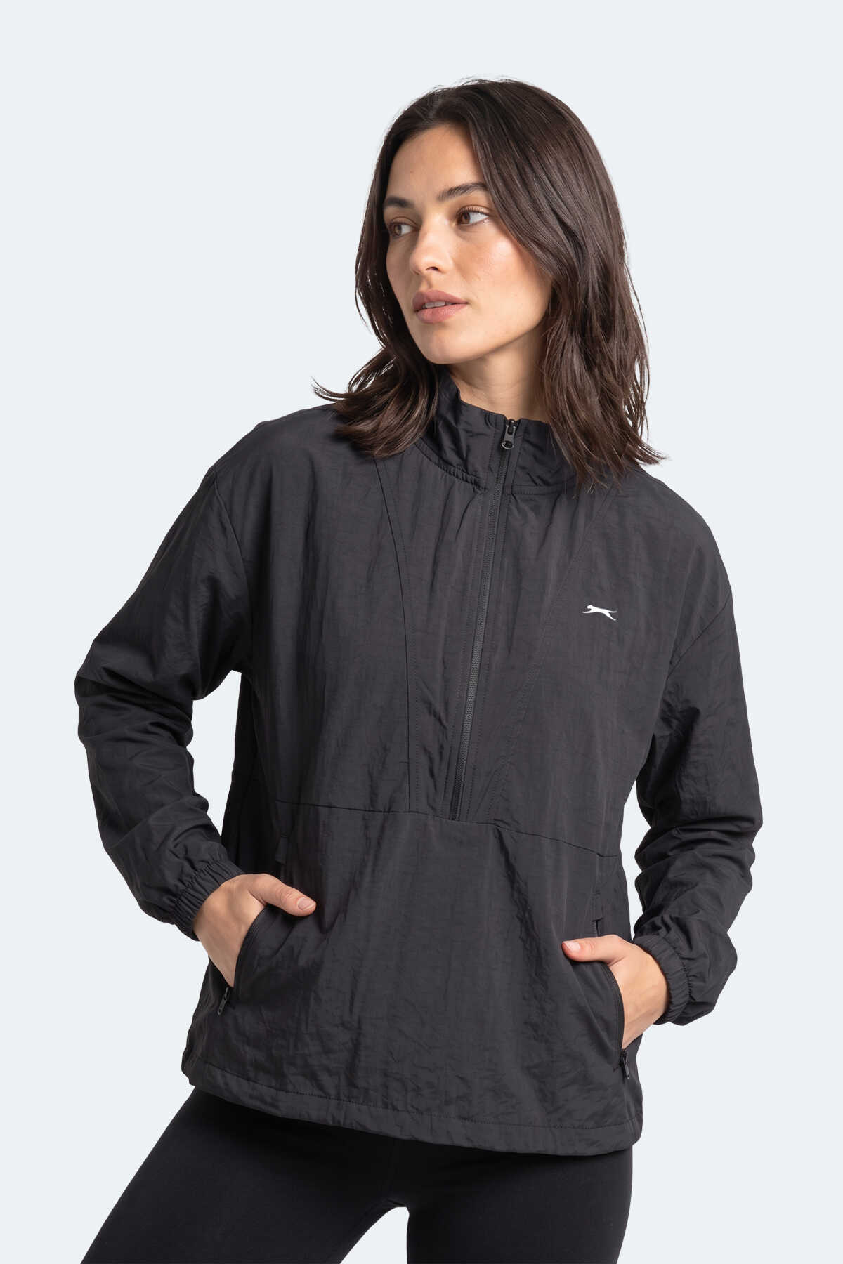 Slazenger RYDER I Kadın Dik Yaka Fermuarlı Oversıze Siyah / Siyah Rüzgarlık - 5