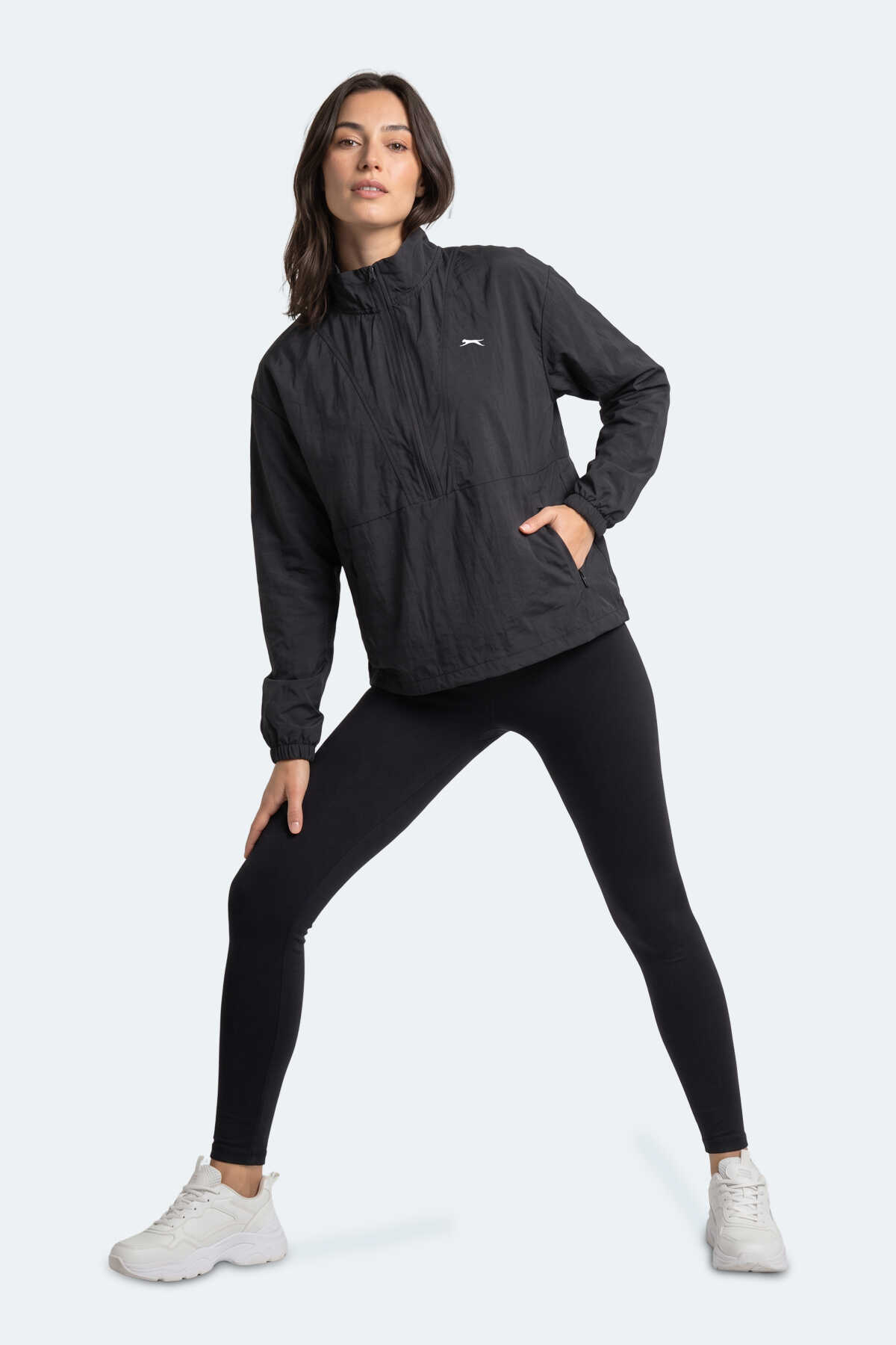 Slazenger RYDER I Kadın Dik Yaka Fermuarlı Oversıze Siyah / Siyah Rüzgarlık - 6