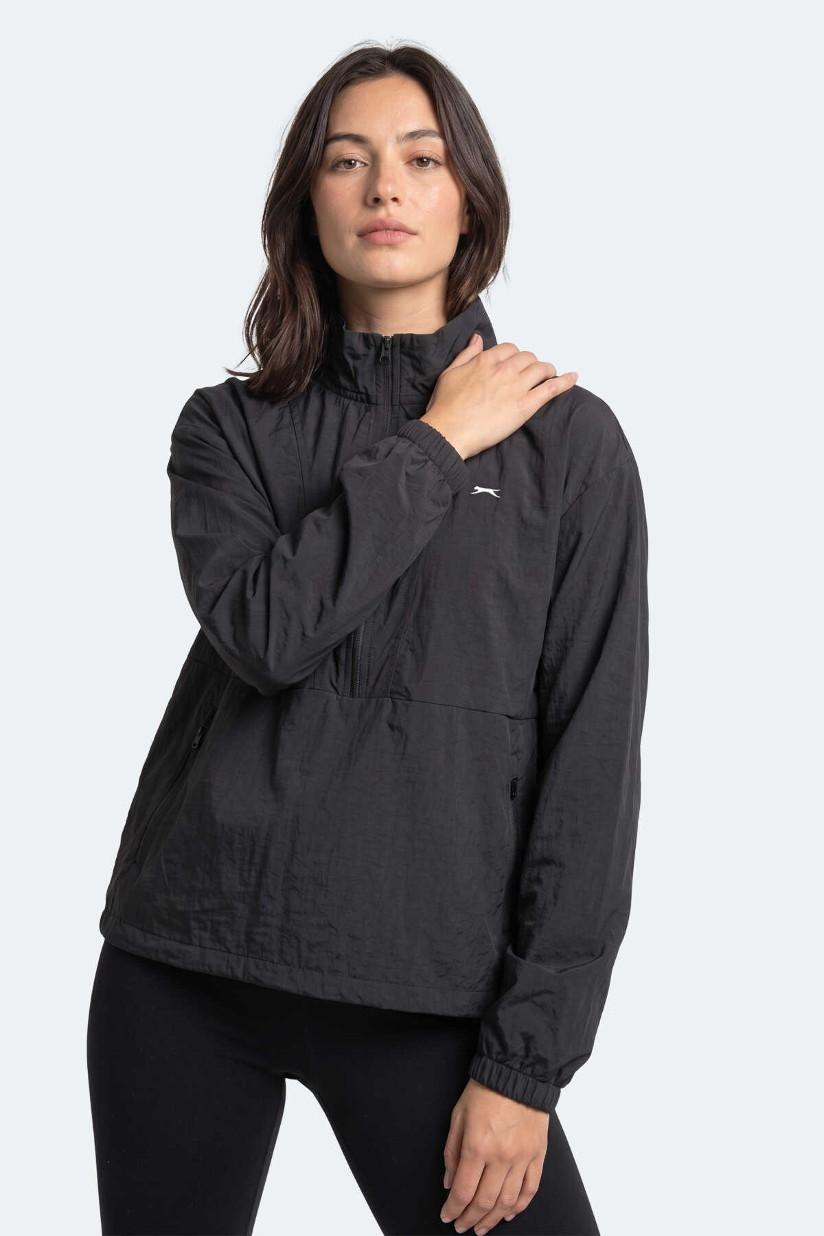 Slazenger RYDER I Kadın Dik Yaka Fermuarlı Oversıze Siyah / Siyah Rüzgarlık - 7
