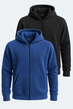 Slazenger - Slazenger SAMSON 2 li set Erkek Fermuarlı Kapüşonlu Cepli Siyah - İndigo Sweatshırt