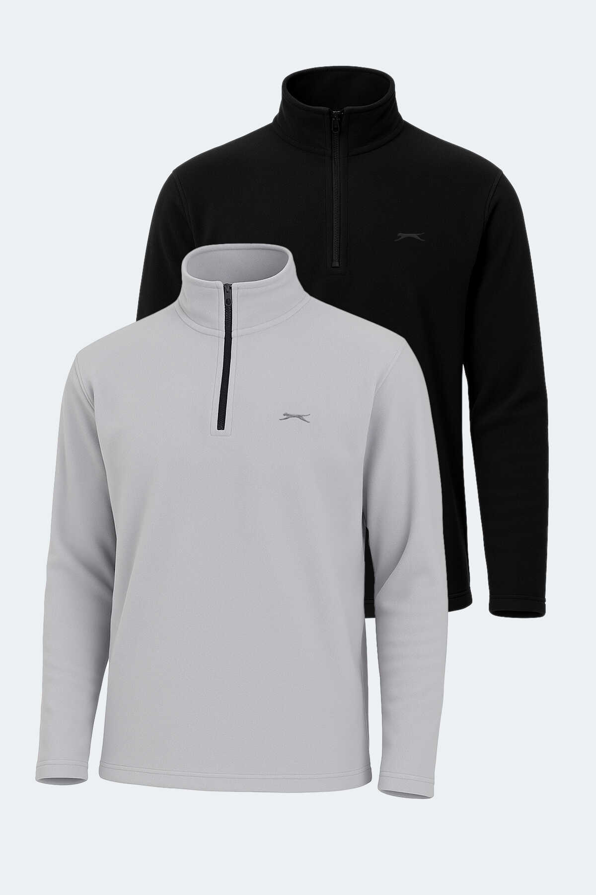 Slazenger - Slazenger SANNE 2 Lİ SET Erkek Dik Yaka Fermuarlı Siyah - Gri Polar