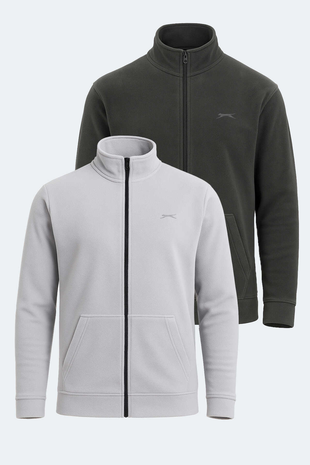 Slazenger - Slazenger SANSA 2 Lİ SET Erkek Fermuarlı Dik Yaka Cepli Gri - Koyu Gri Polar
