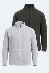 Slazenger - Slazenger SANSA 2 Lİ SET Erkek Fermuarlı Dik Yaka Cepli Gri - Koyu Gri Polar