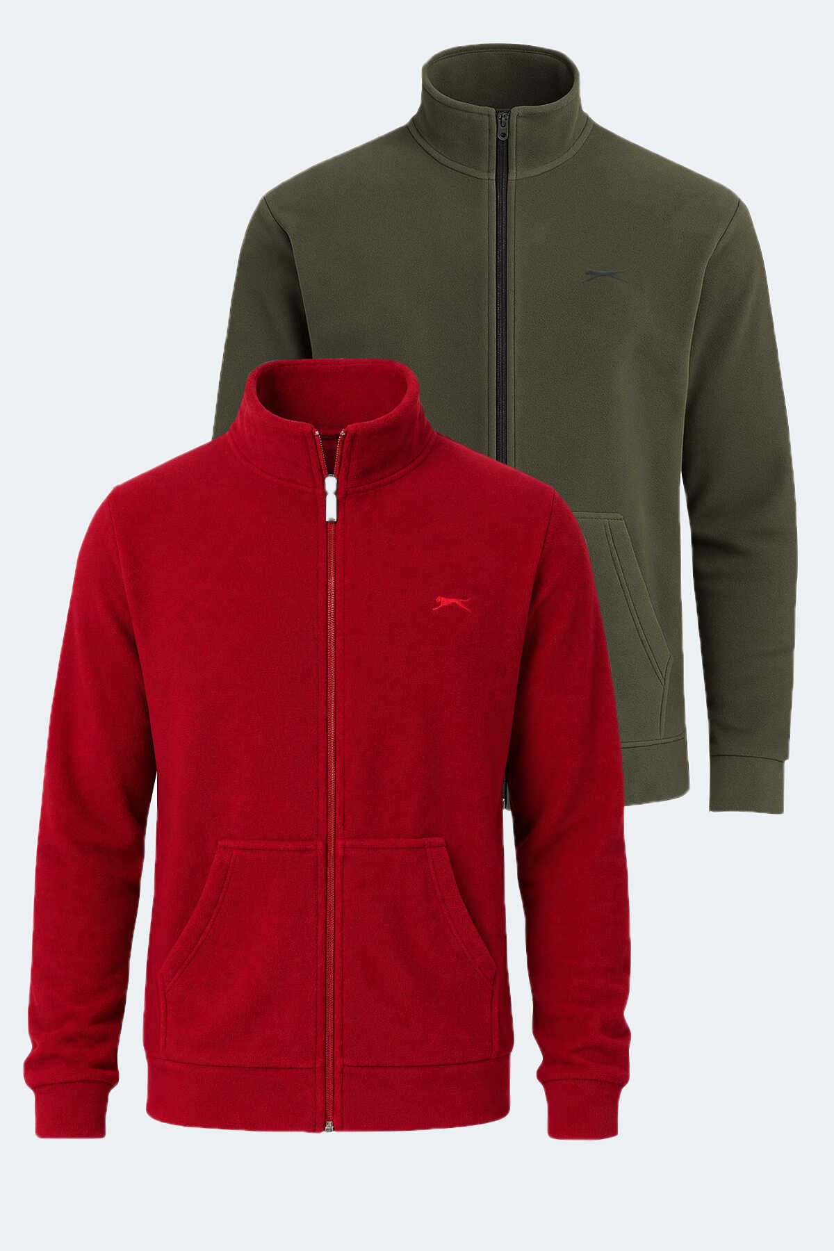Slazenger - Slazenger SANSA 2 Lİ SET Erkek Fermuarlı Dik Yaka Cepli Kırmızı - Haki Polar