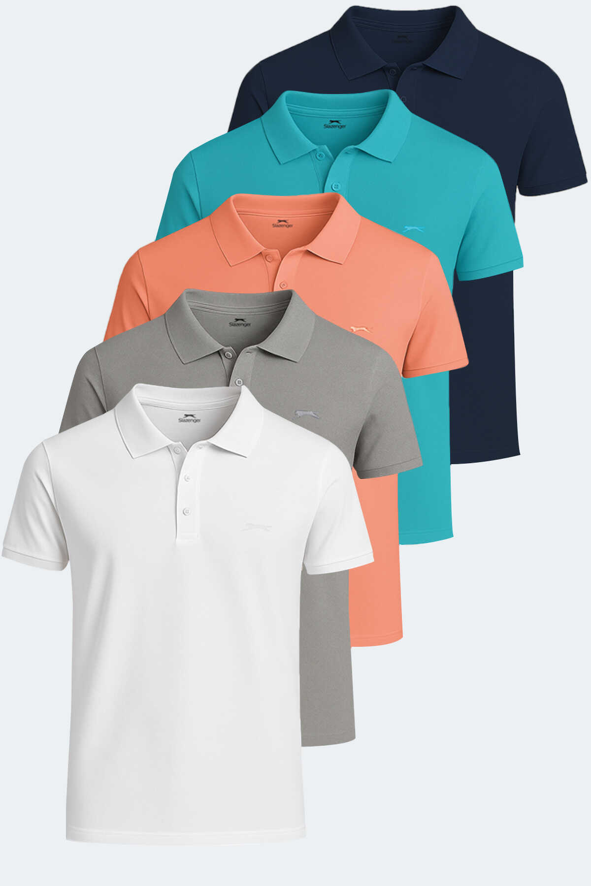 Slazenger - SOHO 5li Set Erkek Tişört Beyaz - Gri - Lacivert - Somon - Turkuaz