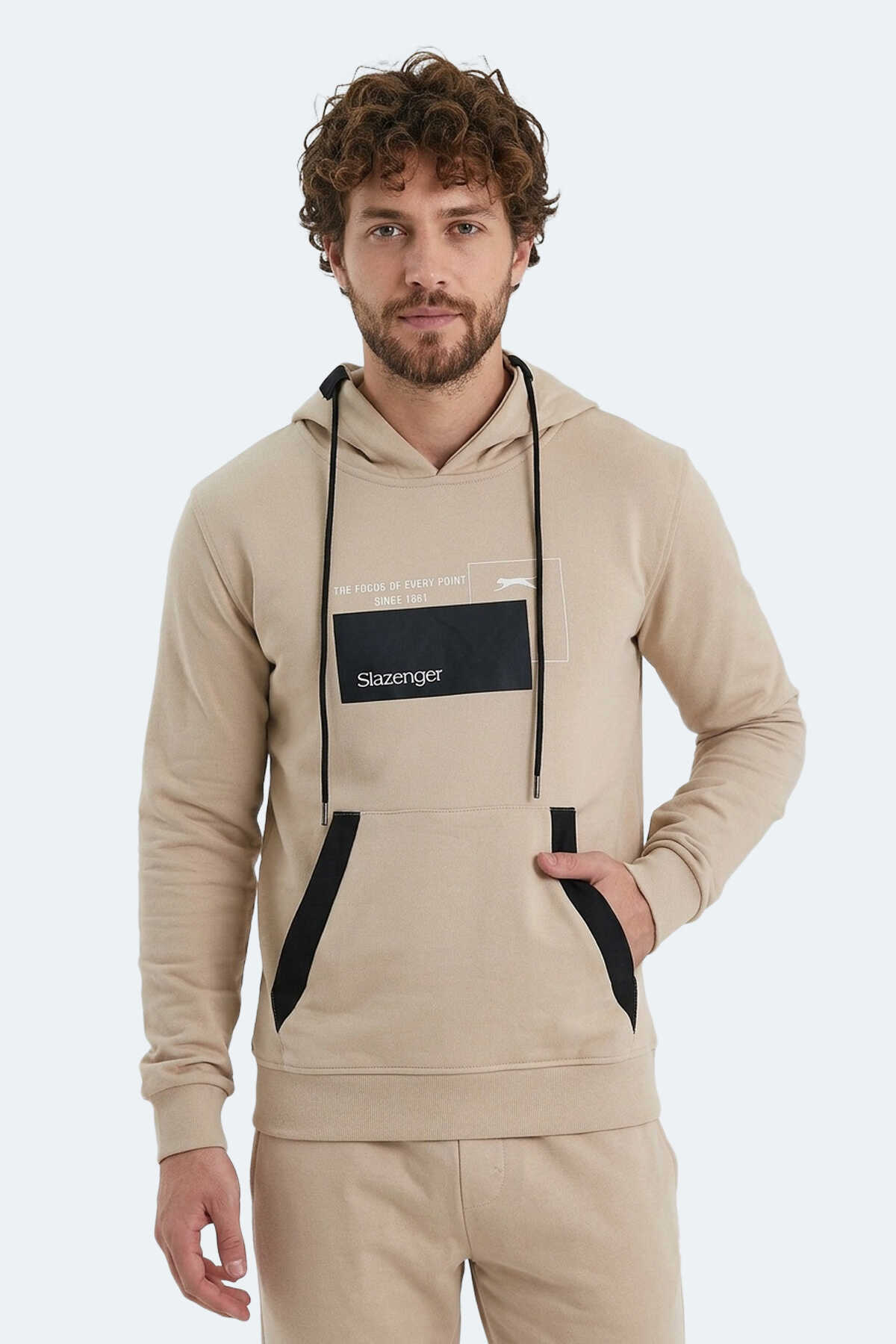 Slazenger - Slazenger VANDA Erkek Kanguru Cepli Kapüşonlu Bej Sweatshırt