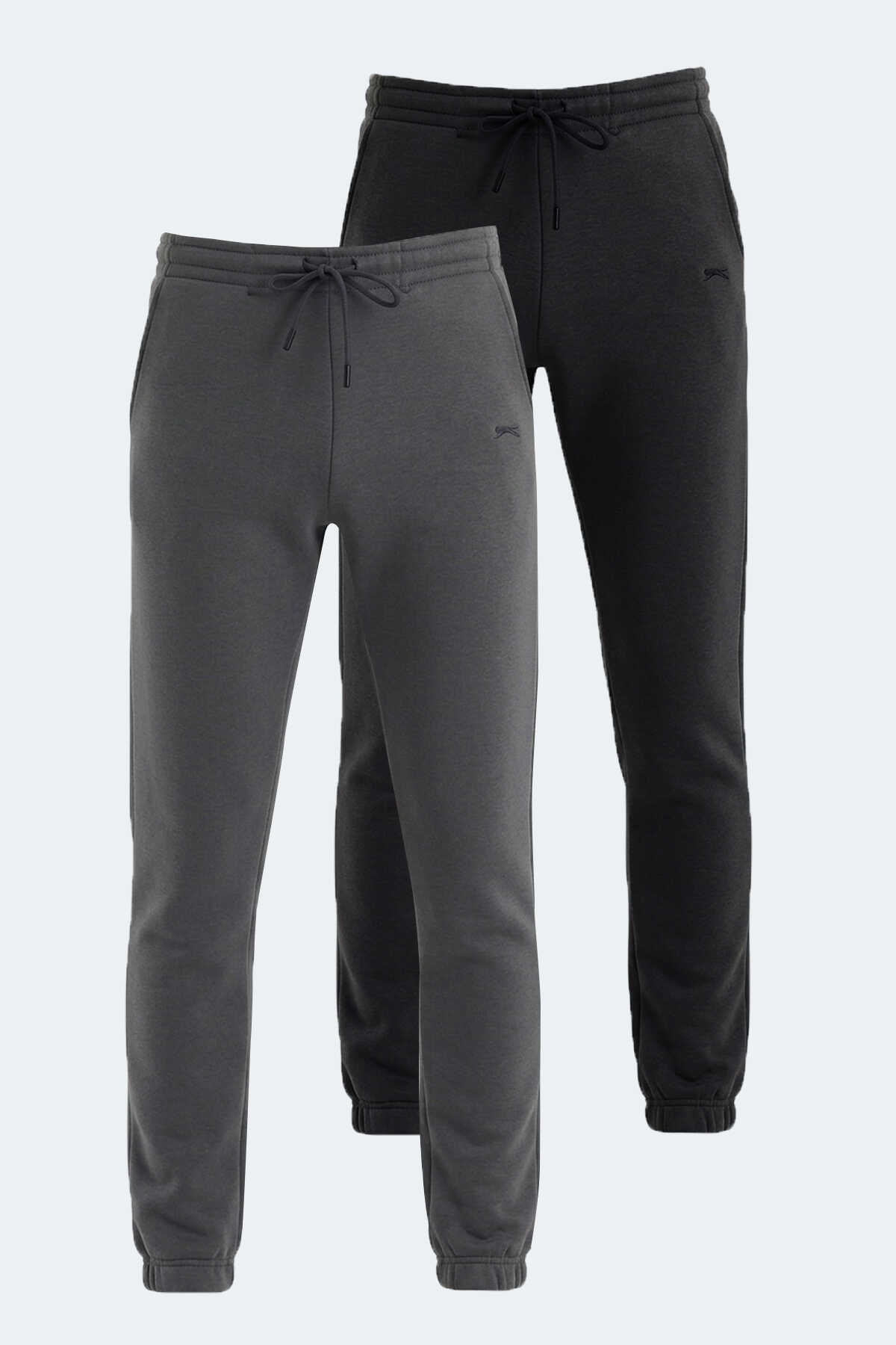 Slazenger - Slazenger VARIOUS 2 Lİ SET Erkek Cepli Slim Fit Siyah - Koyu Gri Eşofman Altı