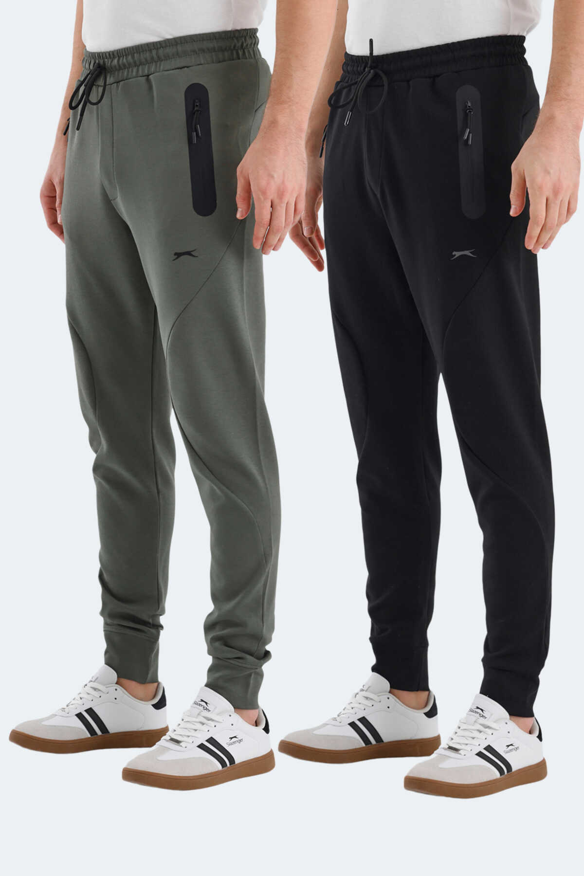 Slazenger - Slazenger VARUNA 2 Lİ SET Erkek Fermuar Cepli Slim Fit Siyah - Haki Eşofman Altı