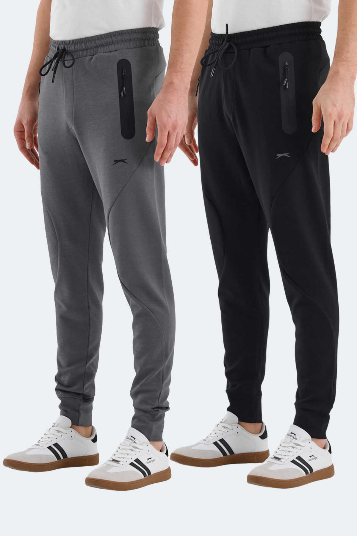 Slazenger - Slazenger VARUNA 2 Lİ SET Erkek Fermuar Cepli Slim Fit Siyah - Koyu Gri Eşofman Altı