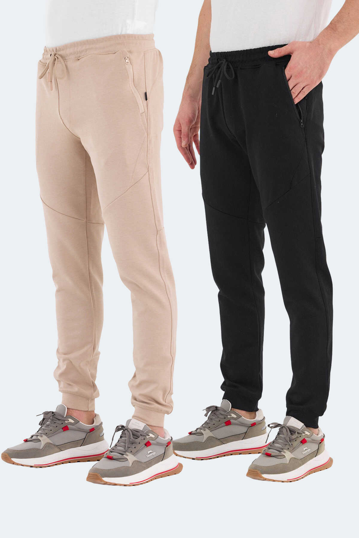 Slazenger - Slazenger VENOM 2 Lİ SET Erkek Fermuar Cepli Dar Paça Siyah - Bej Pantolon