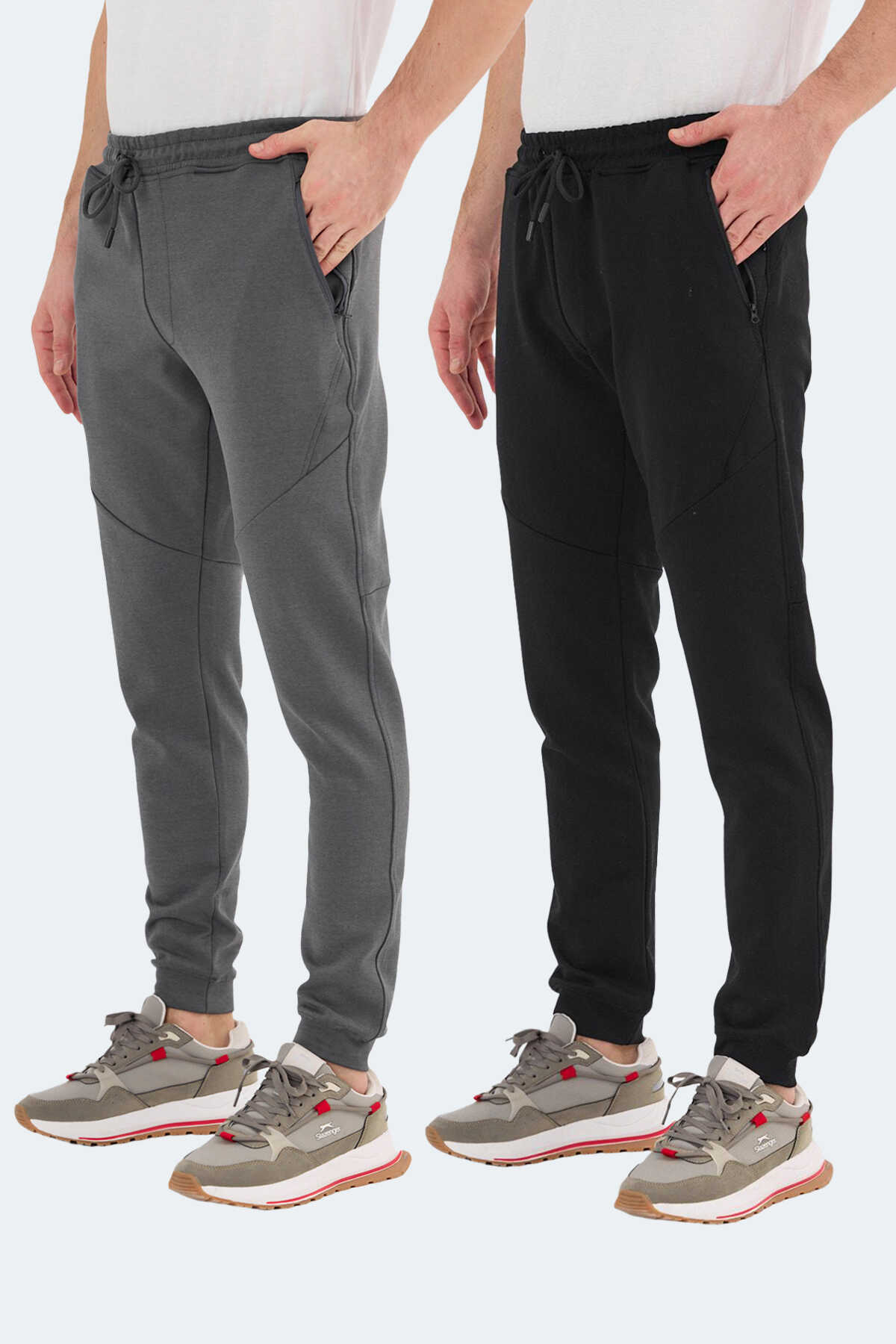 Slazenger - Slazenger VENOM 2 Lİ SET Erkek Fermuar Cepli Dar Paça Siyah - Koyu Gri Pantolon