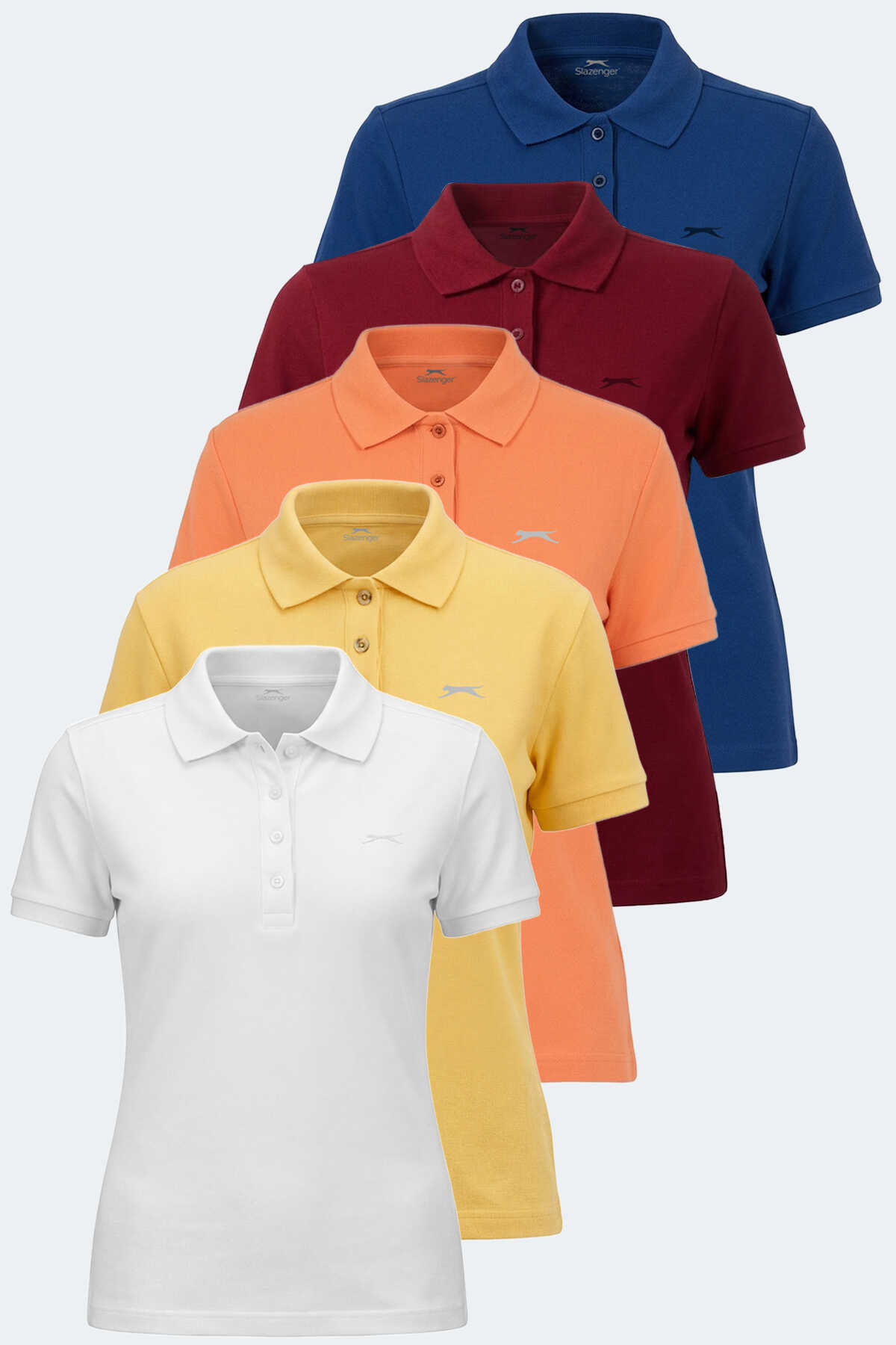 Slazenger - Slazenger VERA 5 Lİ SET Kadın Polo Yaka Beyaz - Turuncu - Sarı - Saks Mavi - Bordo Tişört