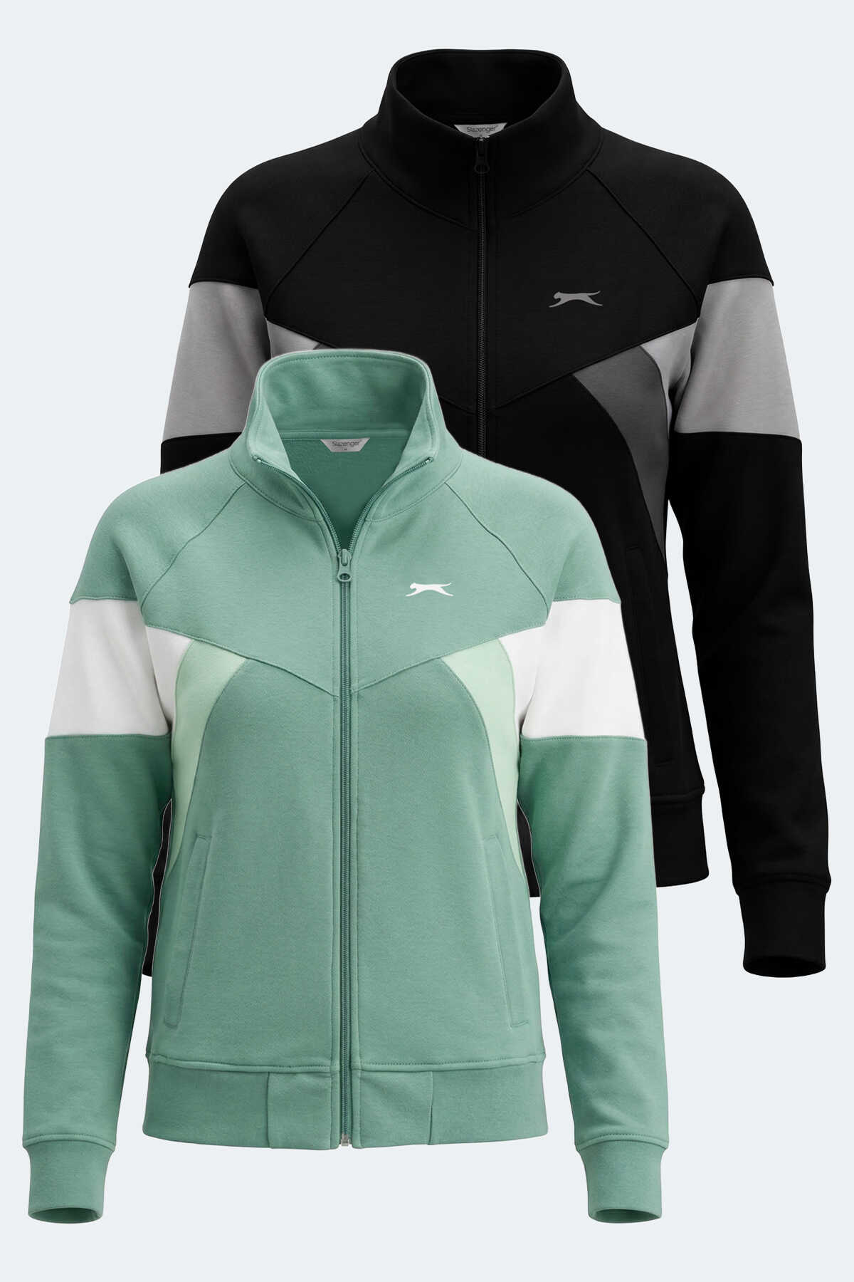 Slazenger - Slazenger VICTORY 2 li set Kadın Fermuarlı Dik Yaka Cepli Yeşil - Siyah Sweatshırt