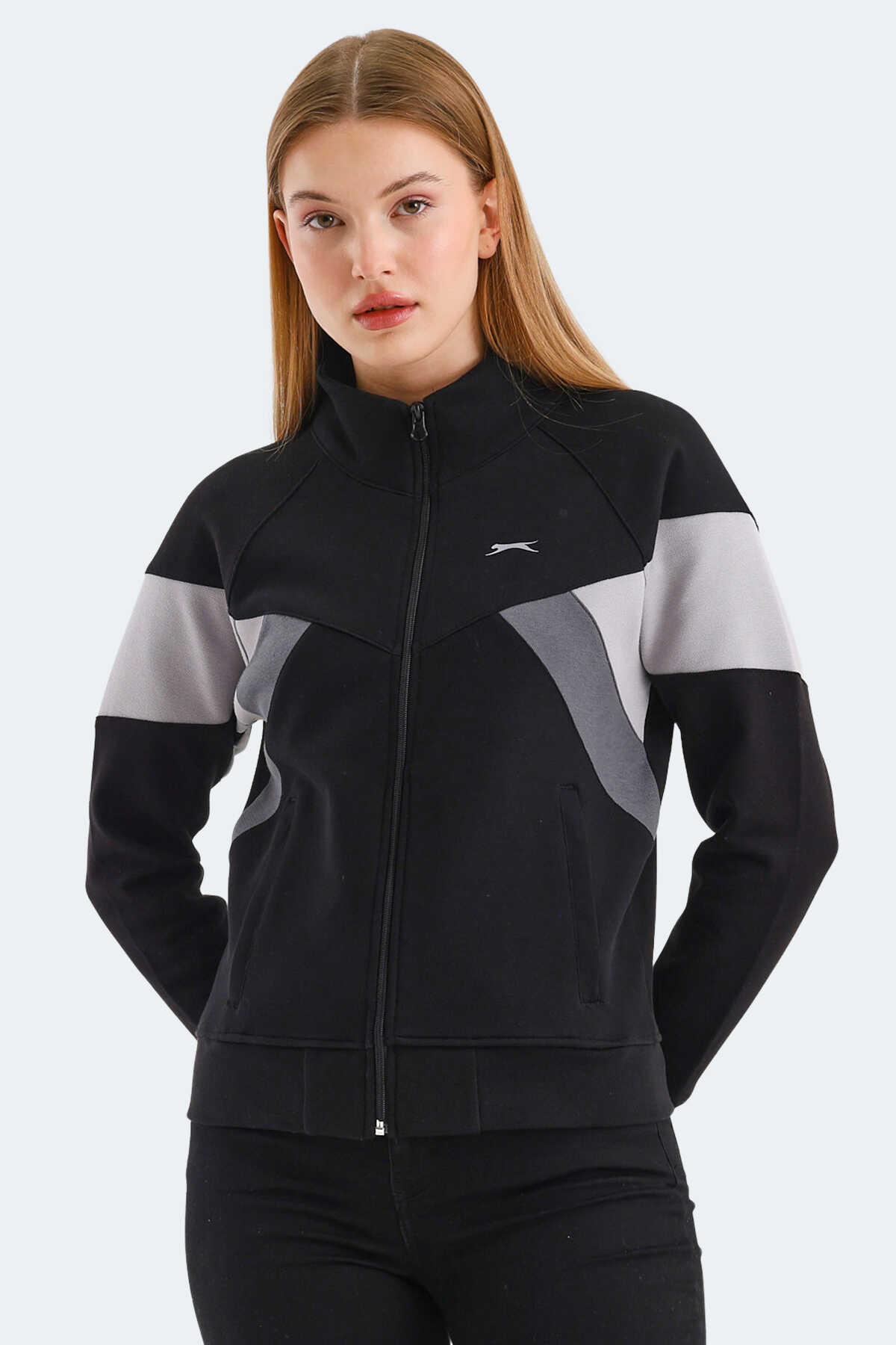Slazenger - Slazenger VICTORY IN Kadın Fermuarlı Dik Yaka Cepli Siyah Sweatshırt
