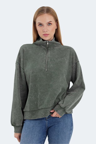 Slazenger VIEWER Kadın Dik Yaka Fermuarlı Oversıze Haki Sweatshırt