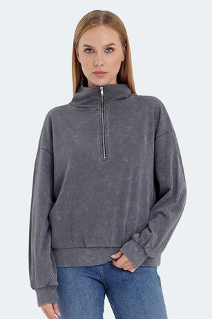 Slazenger VIEWER Kadın Dik Yaka Fermuarlı Oversıze Koyu Gri Sweatshırt