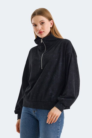 Slazenger VIEWER Kadın Dik Yaka Fermuarlı Oversıze Siyah Sweatshırt
