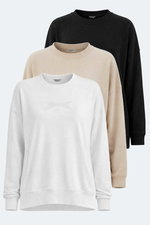 Slazenger - Slazenger VIKENTI SW 3 LÜ SET Kadın Beyaz - Siyah - Bej Sweatshırt