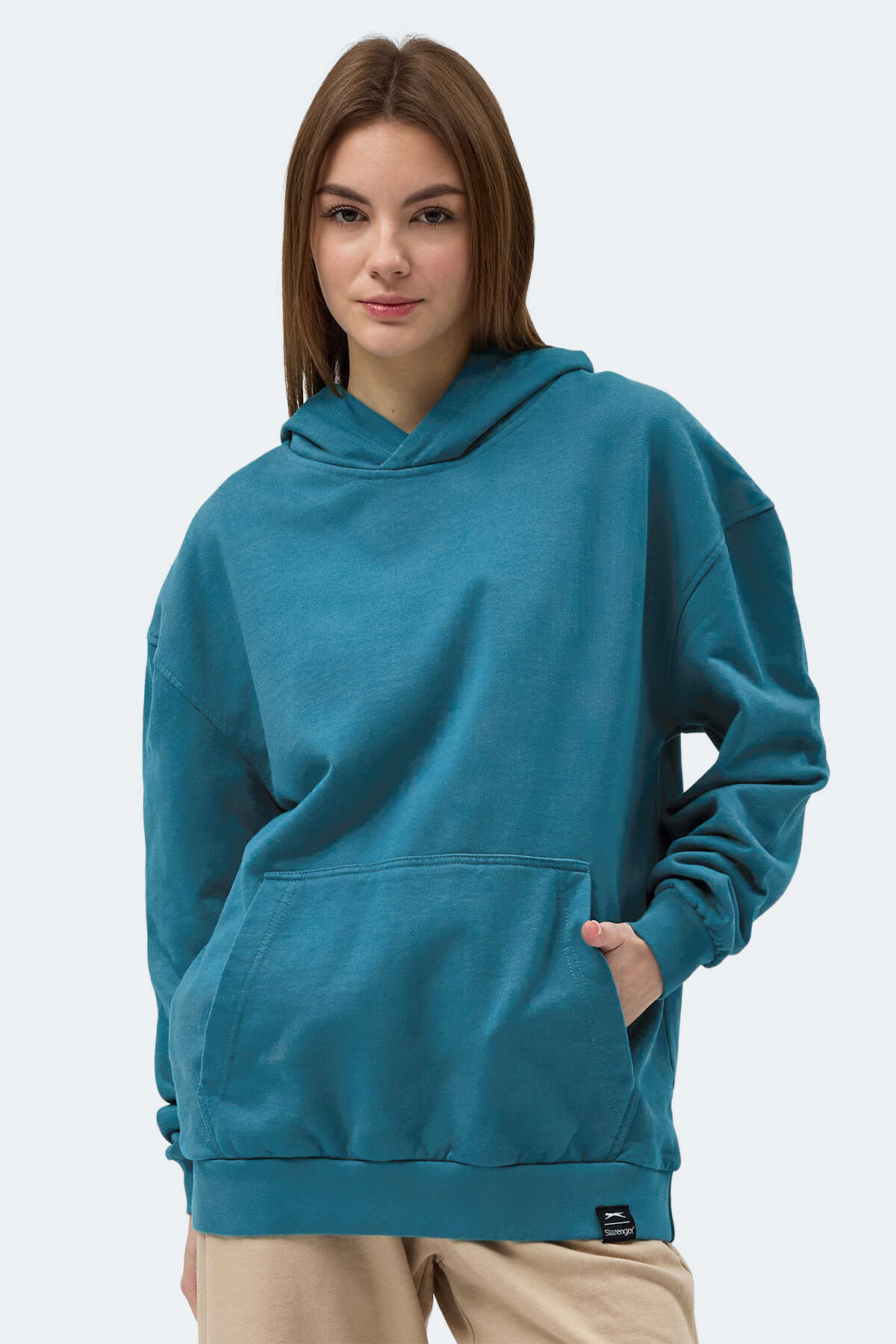 Slazenger - Slazenger VIOLENCE Unisex Kapüşonlu Cepli Oversıze Petrol Sweatshırt