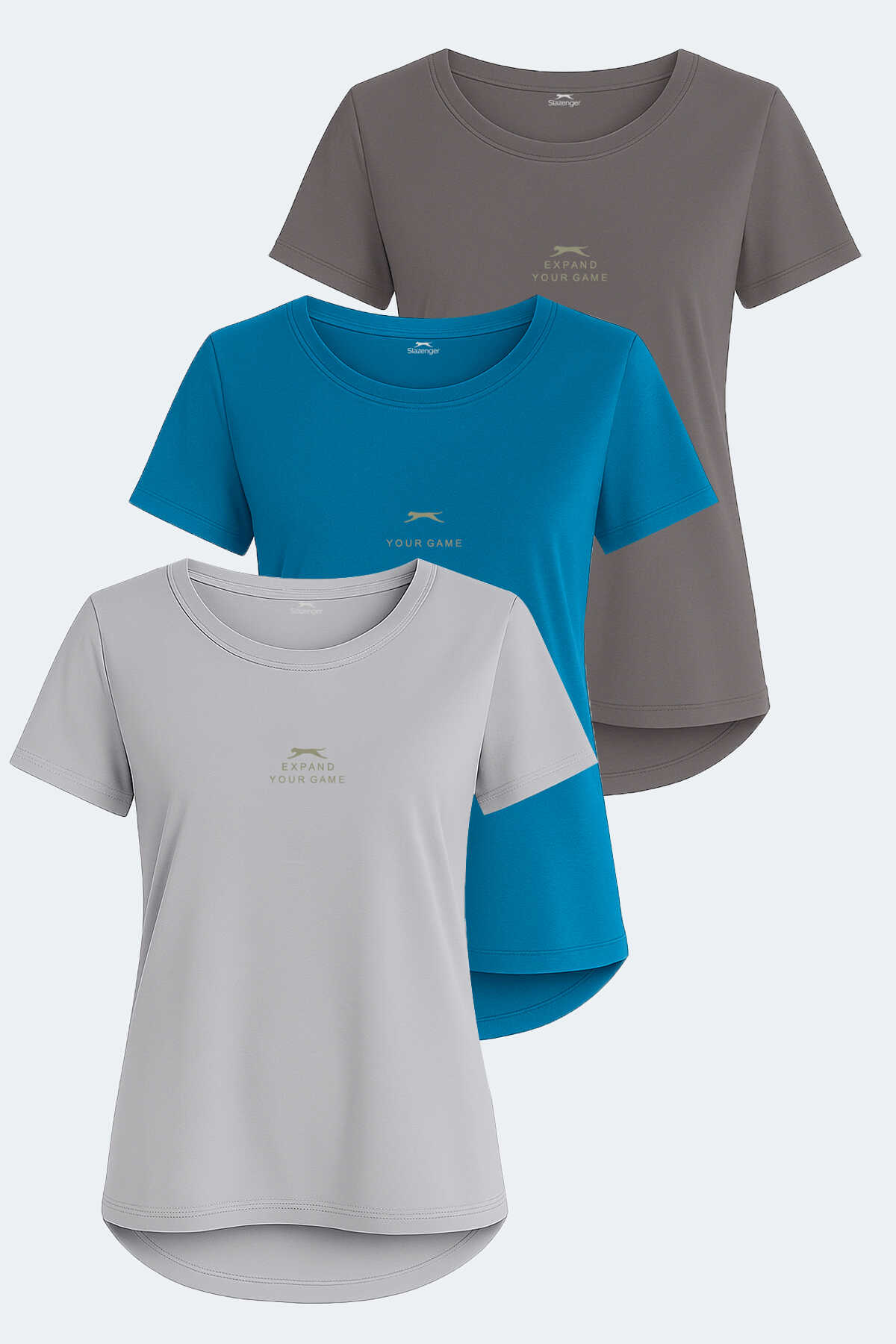 Slazenger - Slazenger VIRAJ 3lü Set Kadın Tişört Taş Gri - Petrol - Koyu Gri
