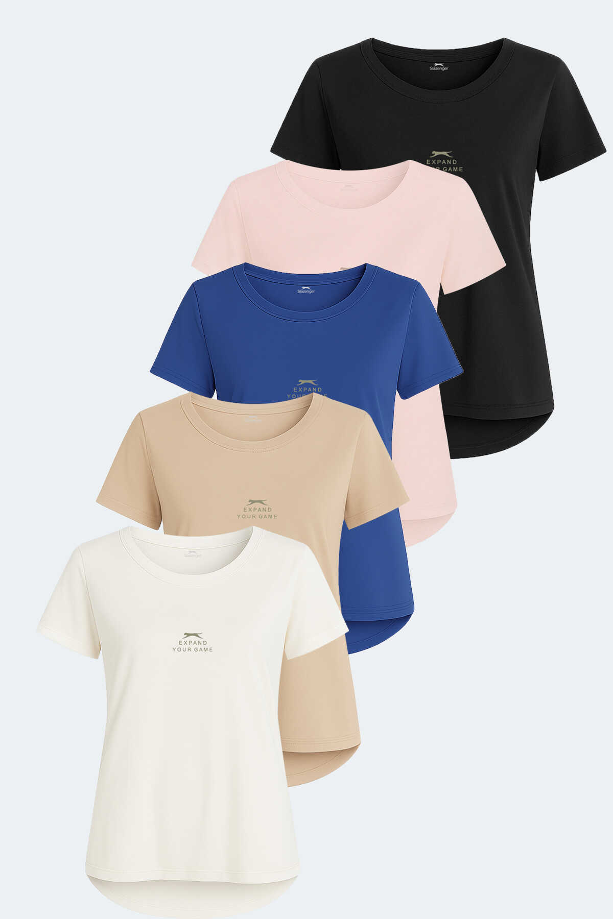 Slazenger - Slazenger VIRAJ 5li Set Kadın Tişört Ekru - Siyah - Bej - Fuşya - Saks Mavi