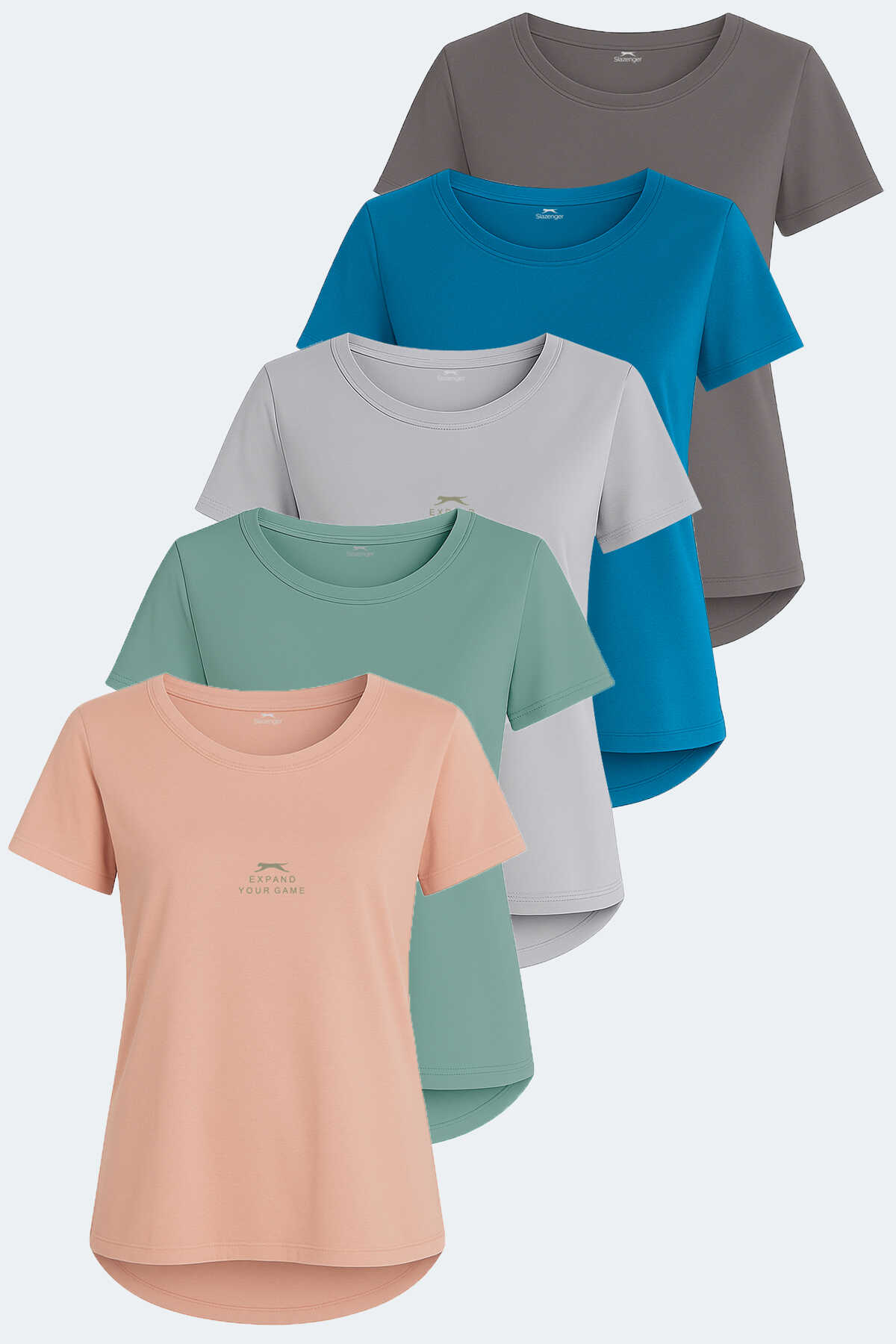 Slazenger - Slazenger VIRAJ 5li Set Kadın Tişört Taş Gri - Petrol - Koyu Gri - Somon - Su Yeşili